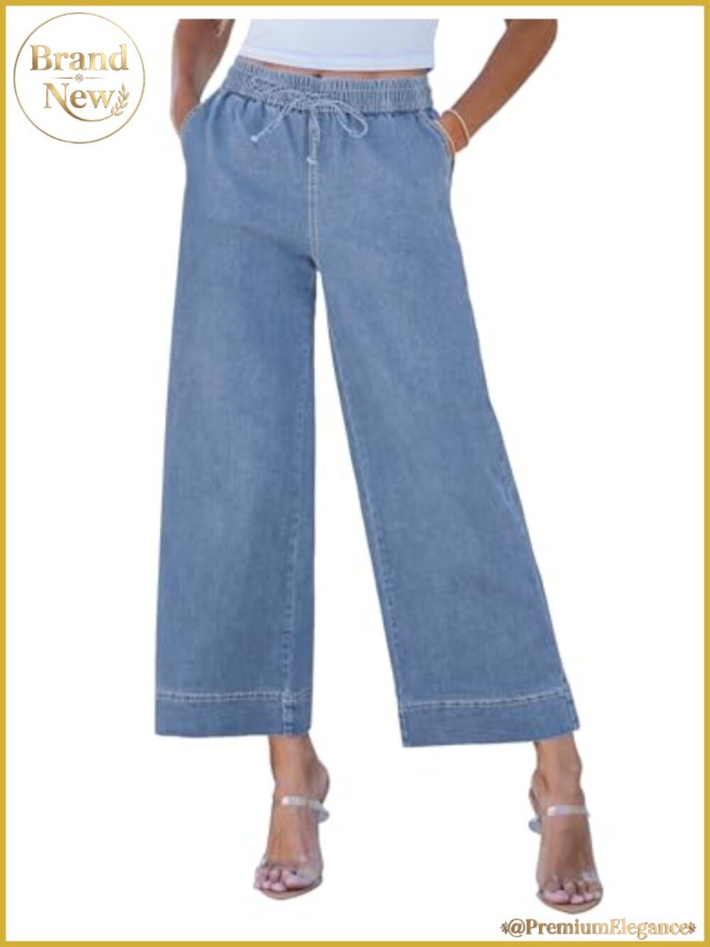 High Waisted Wide Leg Cropped Jeans Pull On Stretch Drawstring Denim Trouser